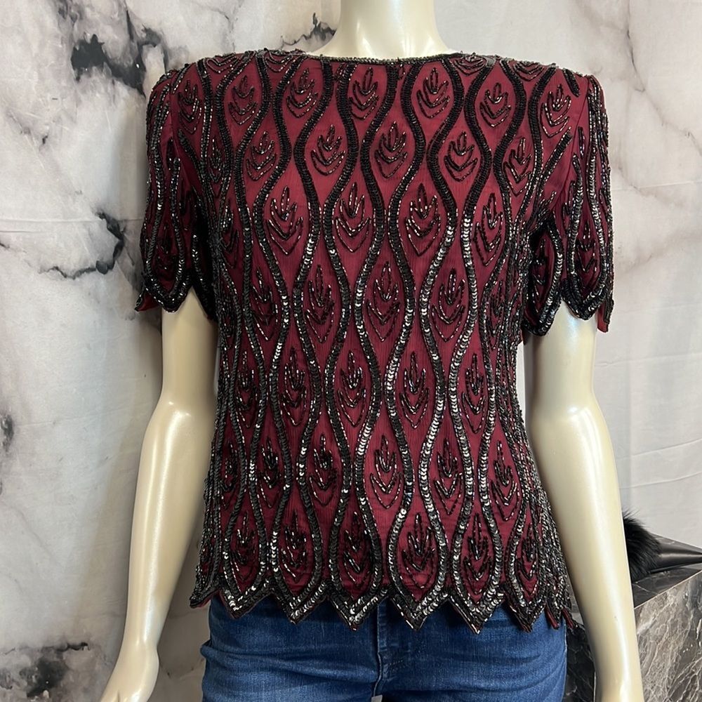 *Maroon and black beaded sequence evening top brand stenay - Picture 3 of 10